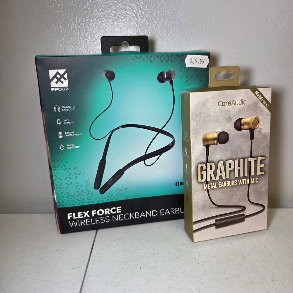 iFrogz Flex Force Wireless Neckband and CoreAudio Graphite Metal Earbuds Set